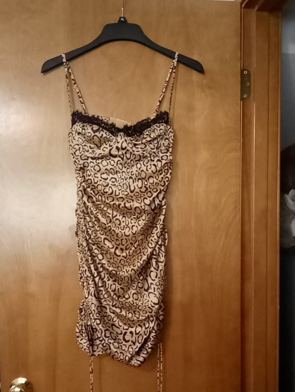 Leopard Print Satin Slip Dress with Lace Trim - Tan/Black